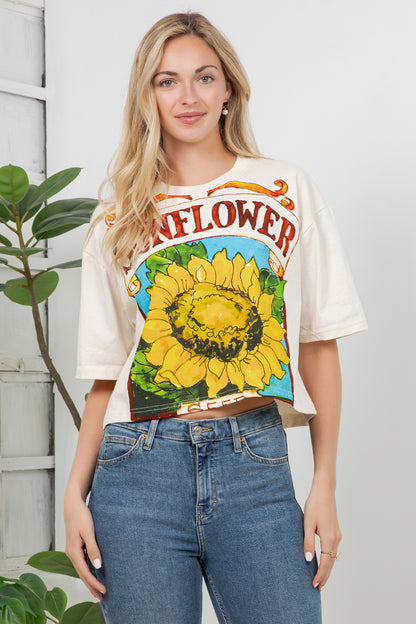 Sunflower Print Cotton Crop Top
