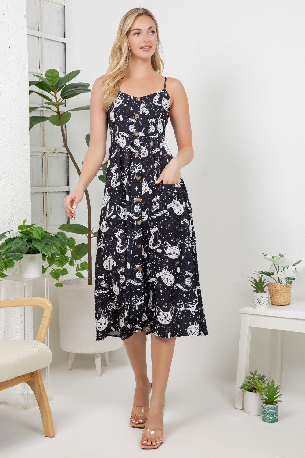 Celestial Cats Cami Dress - Black