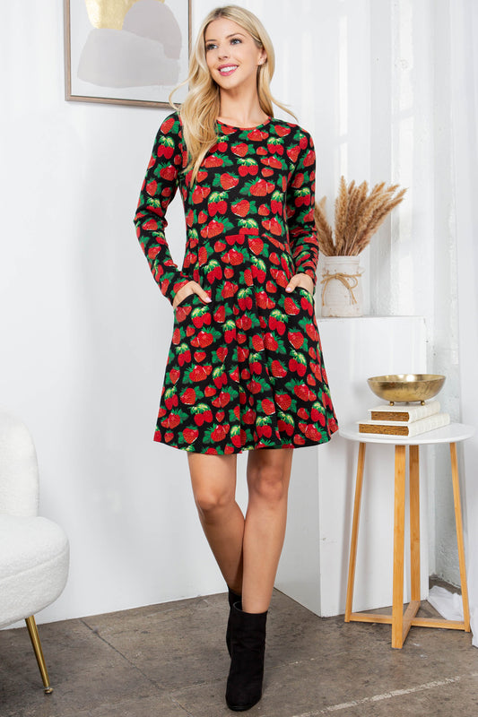 STRAWBERRY PRINT WINTER TUNIC DRESS