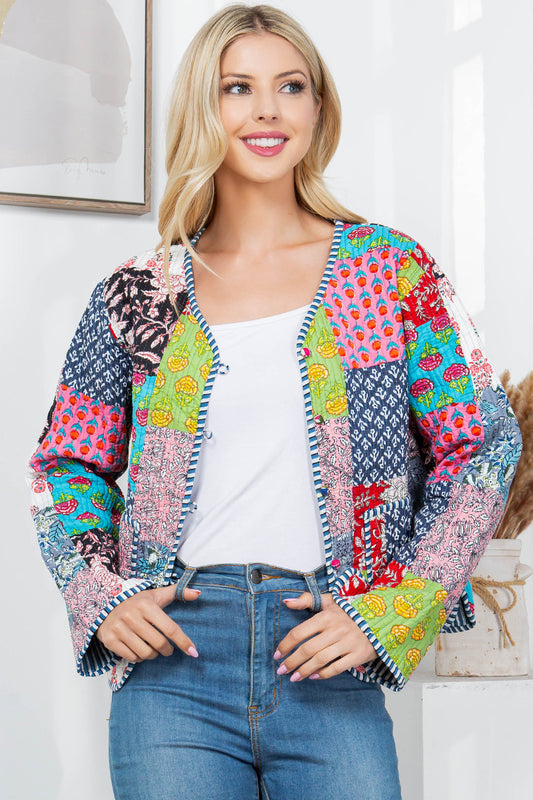 Quilted Patch Cotton Jacket - Pink