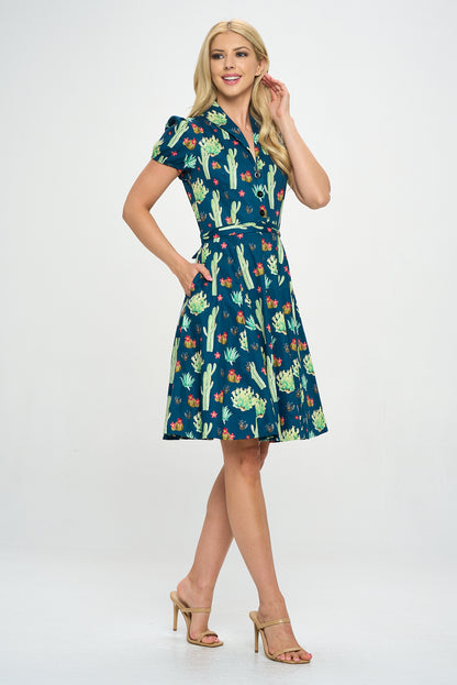 Retro Cactus Fit and Flare Dress