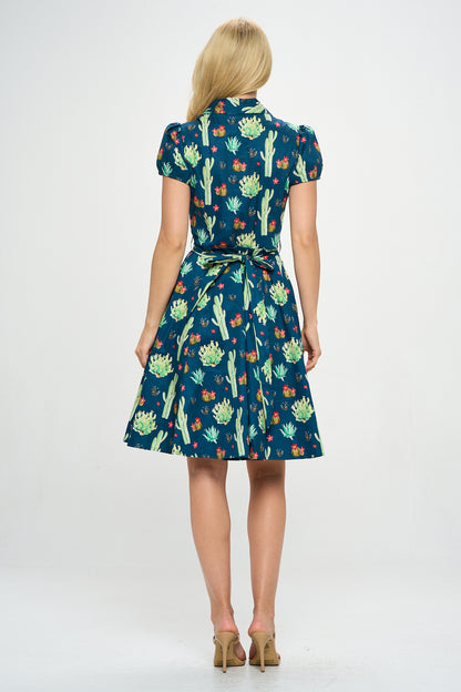 Retro Cactus Fit and Flare Dress