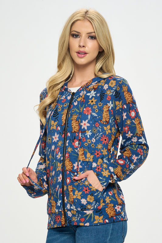 Floral Cat Zipper Hoodie Plus Size