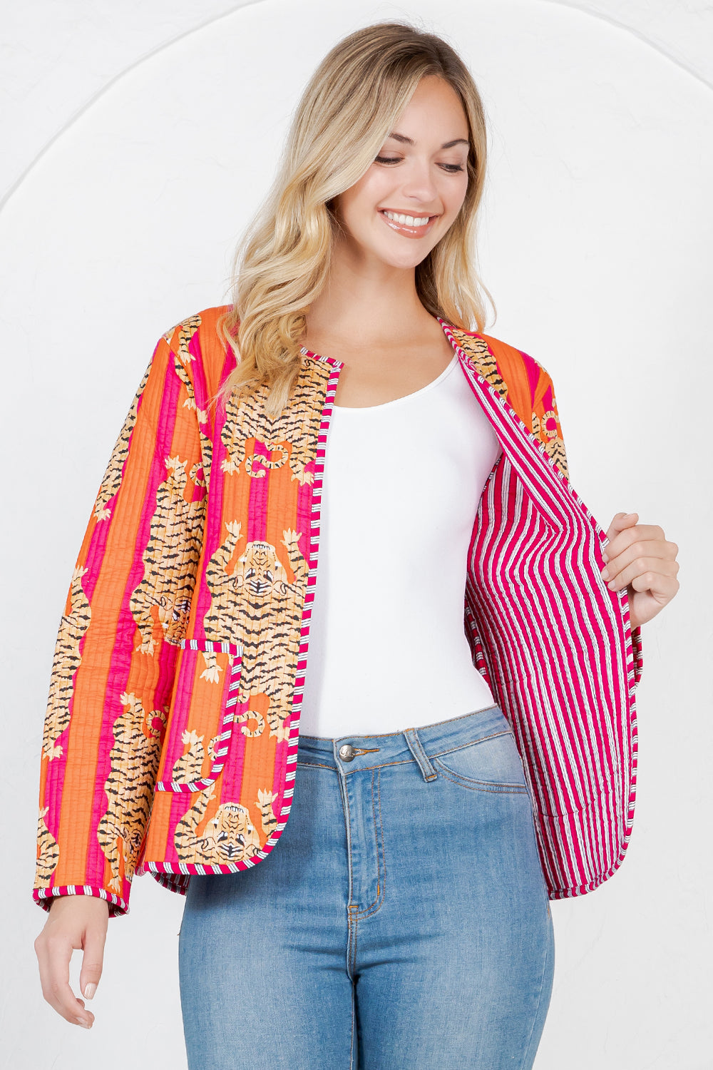 Tiger Print Quilted Cotton Jacket - Orange