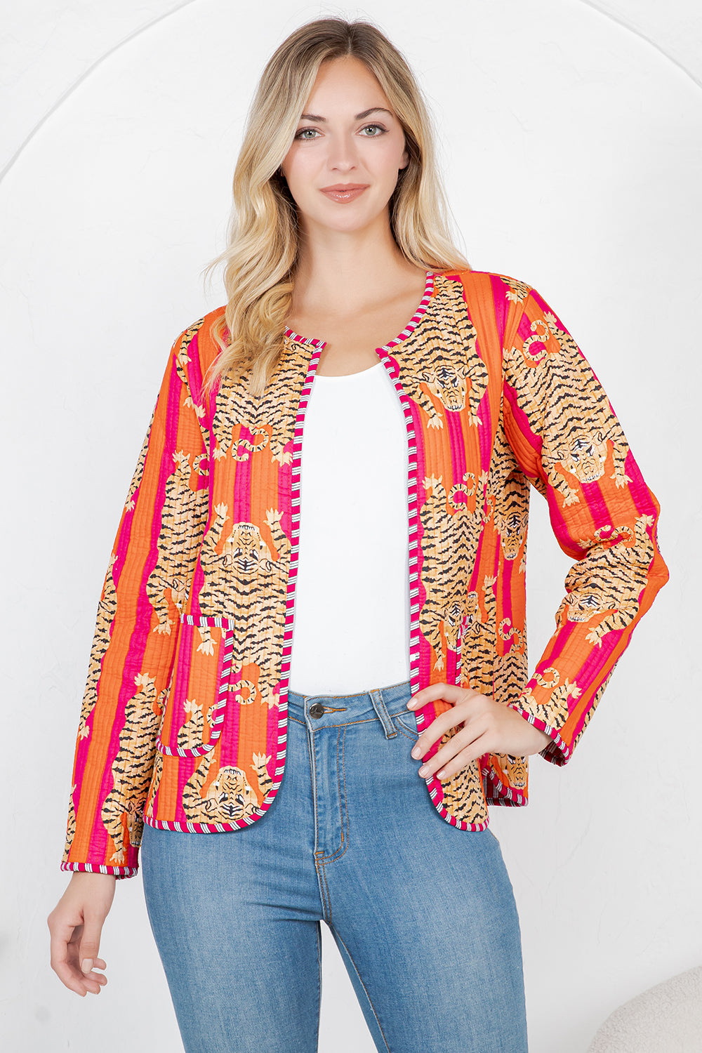 Tiger Print Quilted Cotton Jacket - Orange