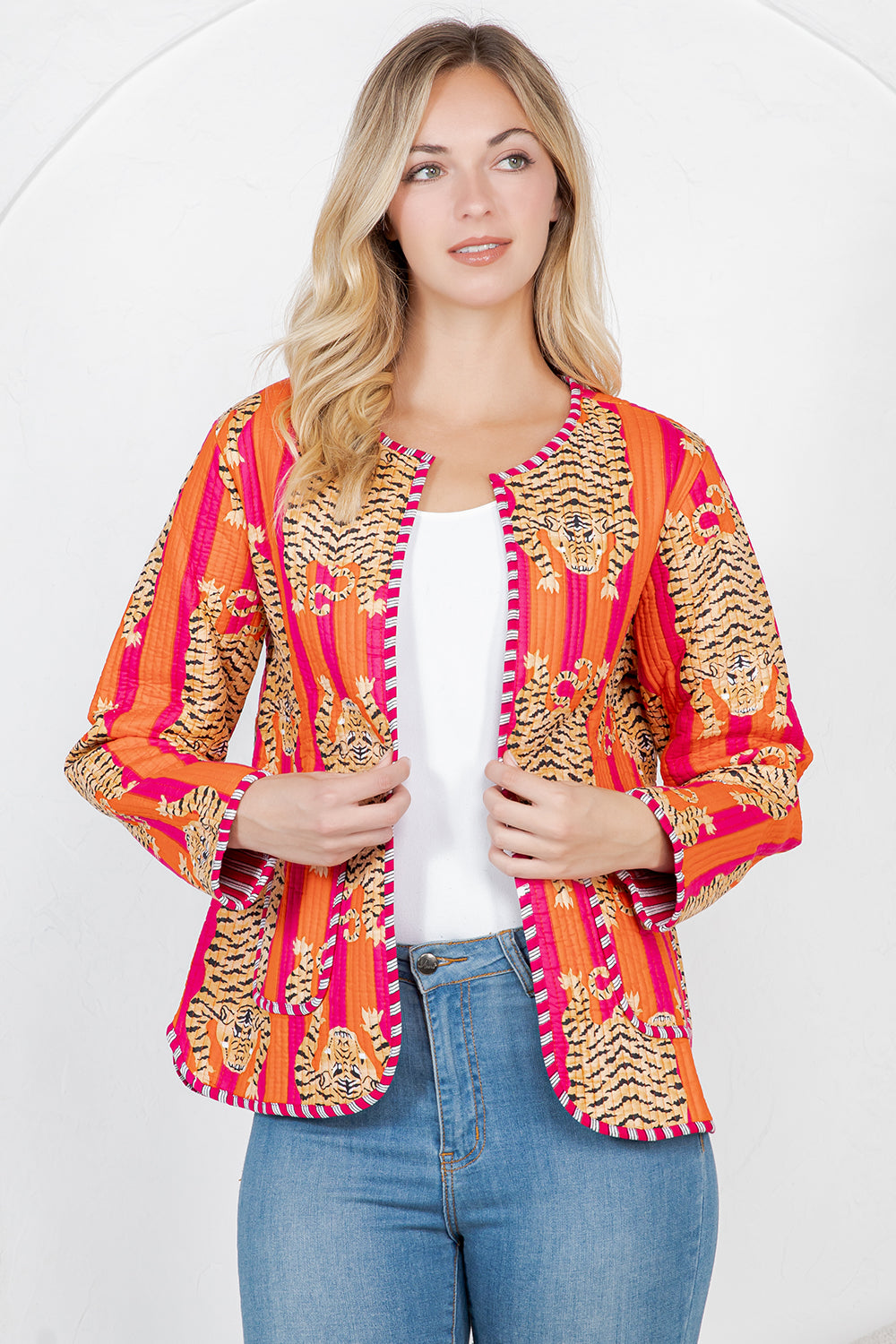 Tiger Print Quilted Cotton Jacket - Orange