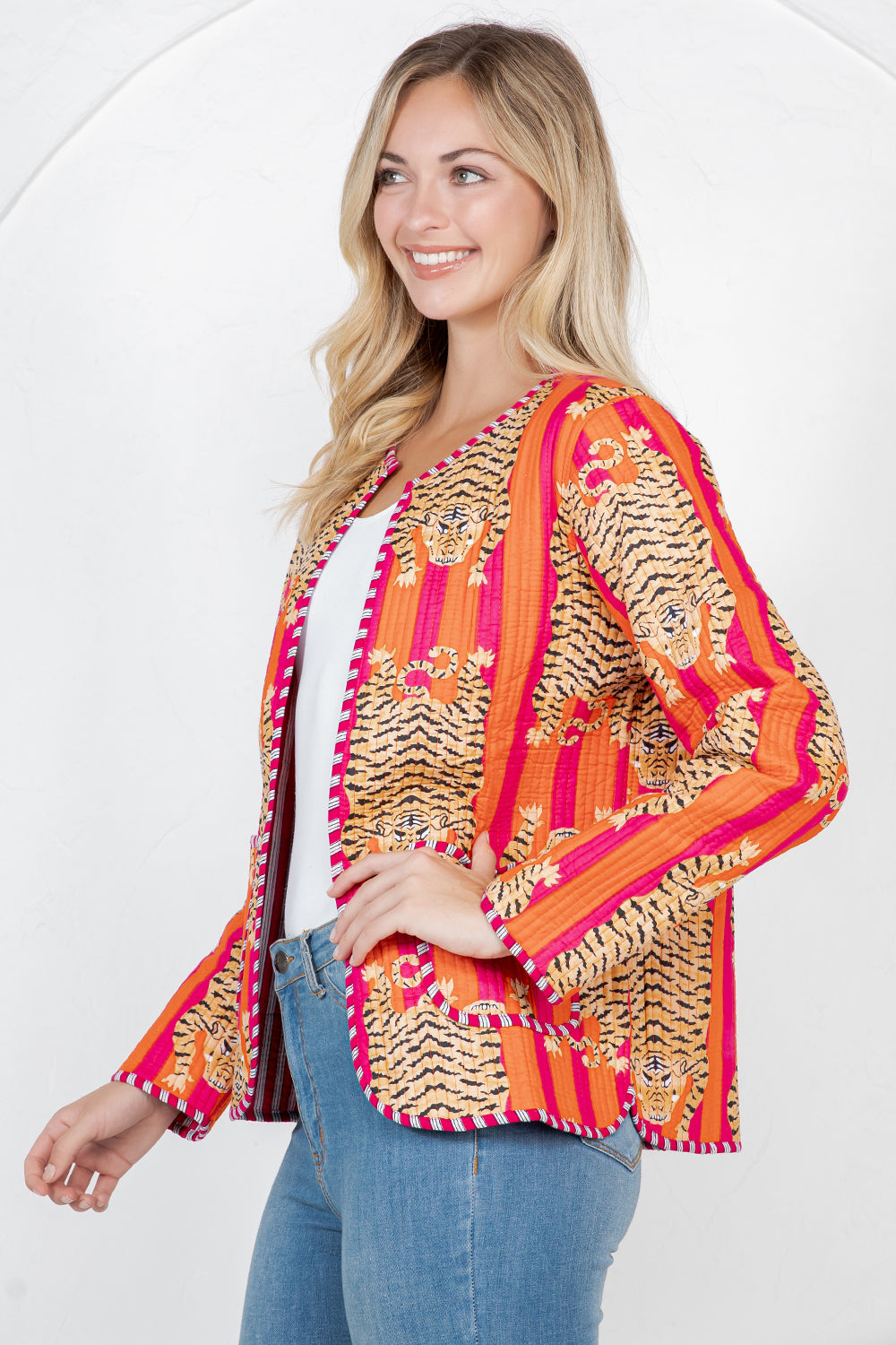 Tiger Print Quilted Cotton Jacket - Orange