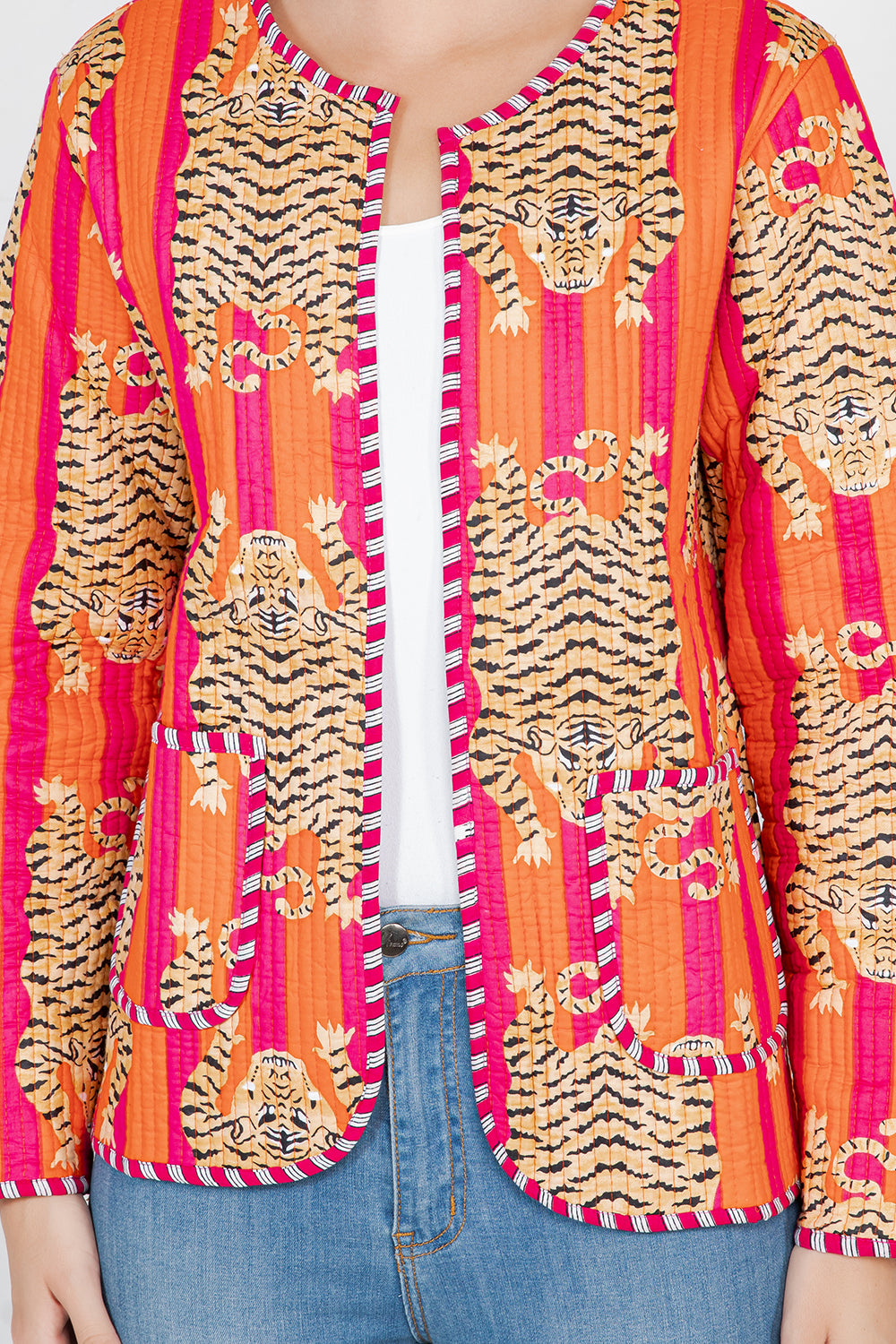 Tiger Print Quilted Cotton Jacket - Orange