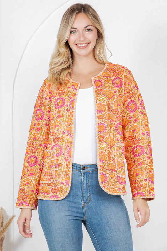 Floral Print Quilted Cotton Jacket - Orange