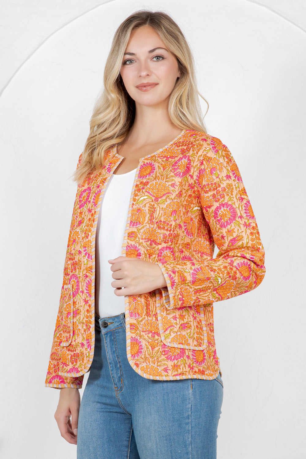 Floral Print Quilted Cotton Jacket - Orange