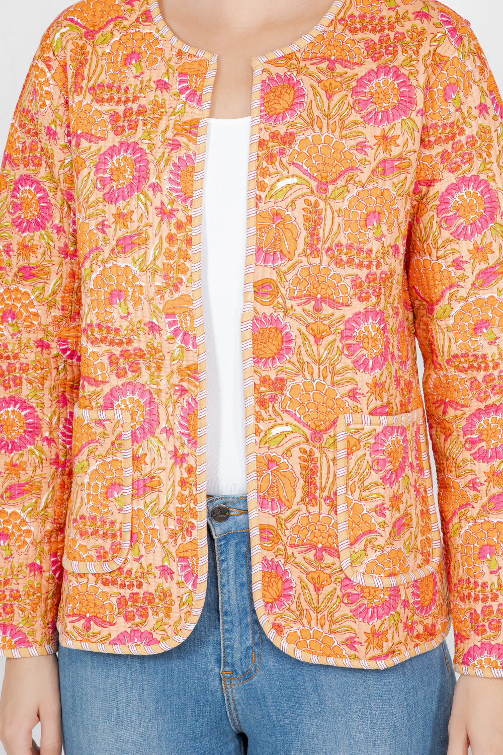 Floral Print Quilted Cotton Jacket - Orange