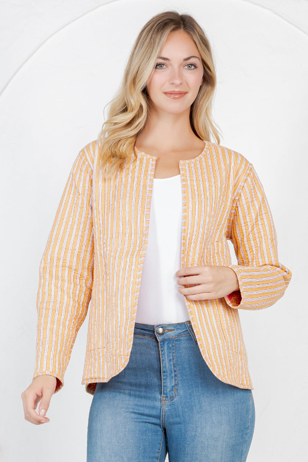 Floral Print Quilted Cotton Jacket - Orange