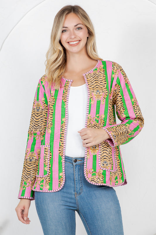 Floral Print Quilted Cotton Jacket - Pink