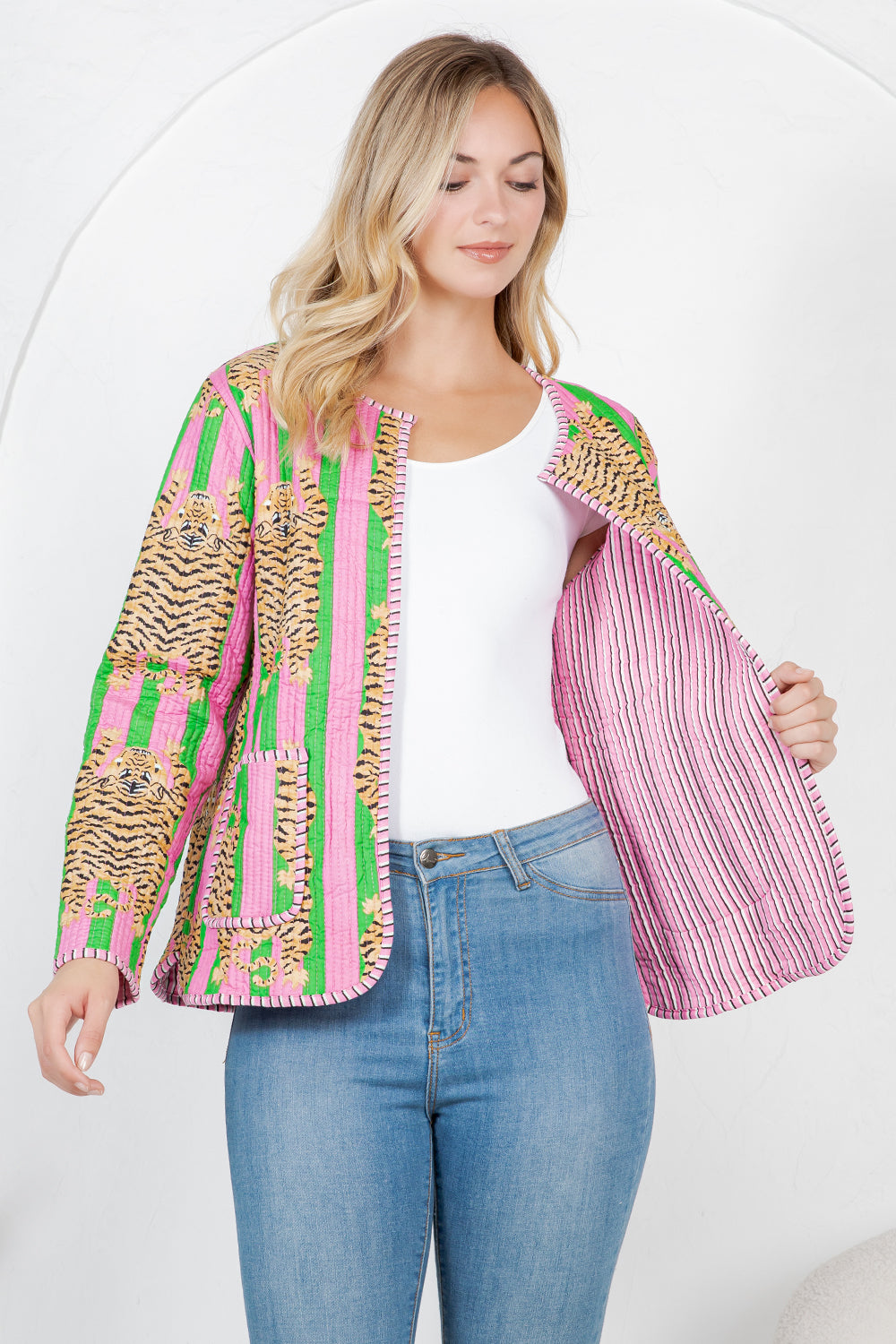 Floral Print Quilted Cotton Jacket - Pink