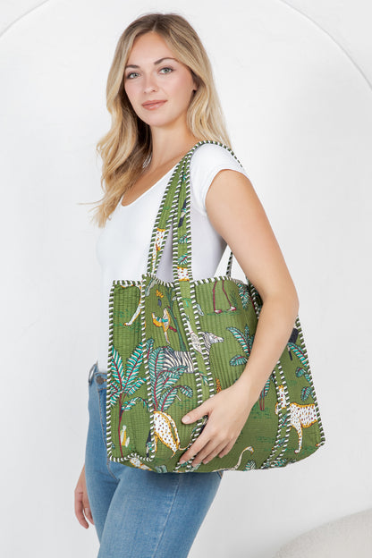 Jungle Safari Quilted Tote Bag - Green