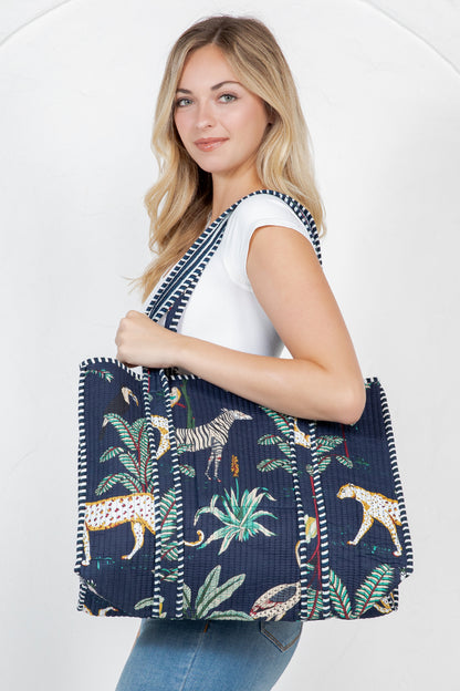 Jungle Safari Quilted Tote Bag - Navy