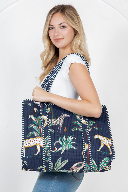 Jungle Safari Quilted Tote Bag - Navy