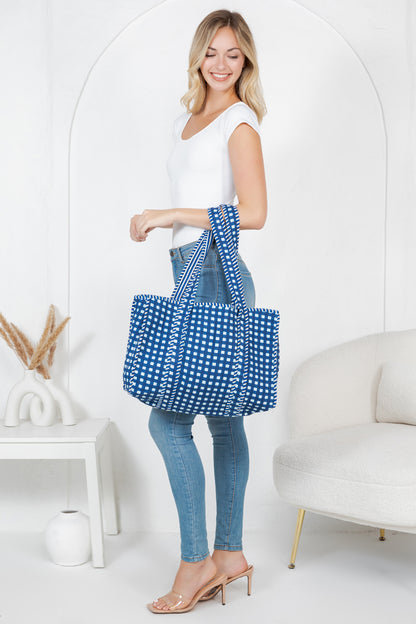 Checkered Quilted Tote Bag - Blue