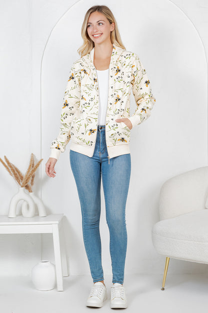 Bee With Floral Zipper Hoodie