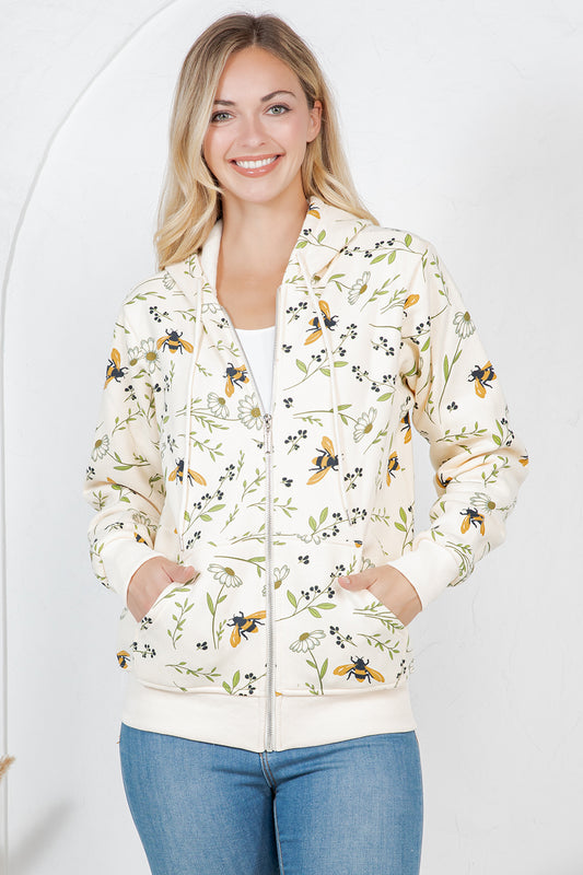 Bee With Floral Zipper Hoodie