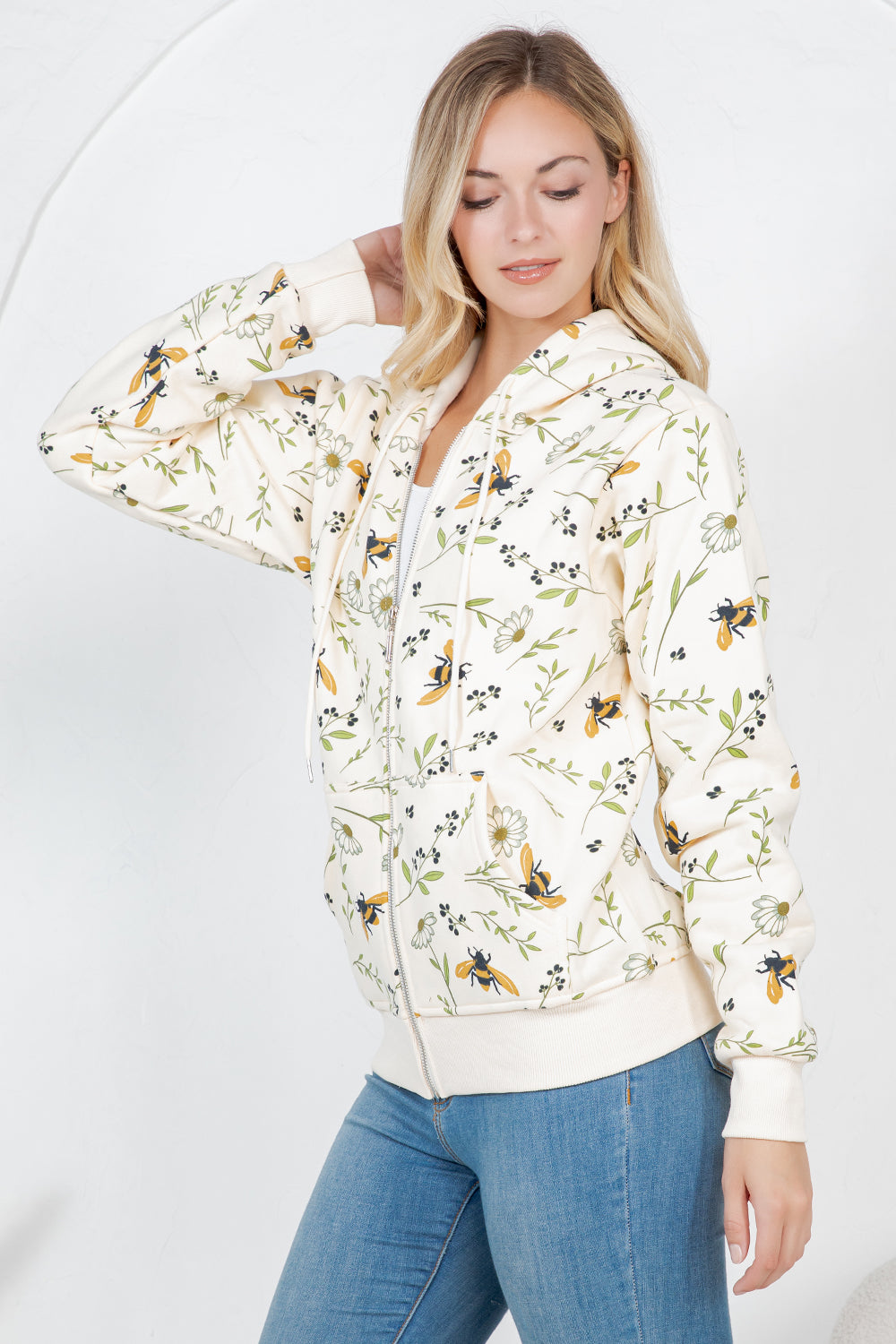 Bee With Floral Zipper Hoodie