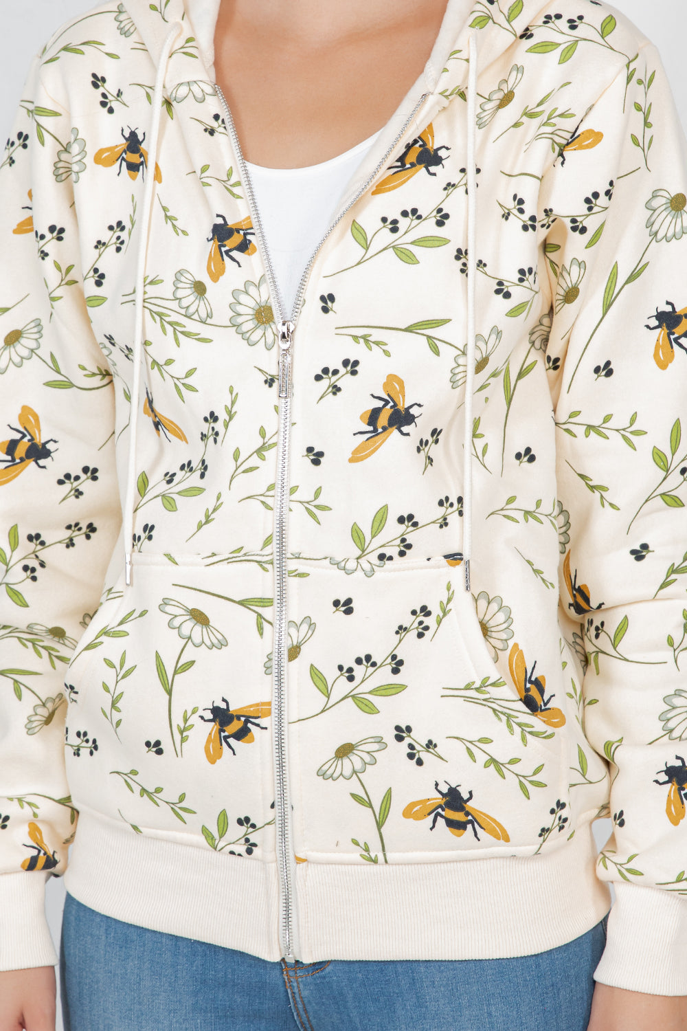 Bee With Floral Zipper Hoodie