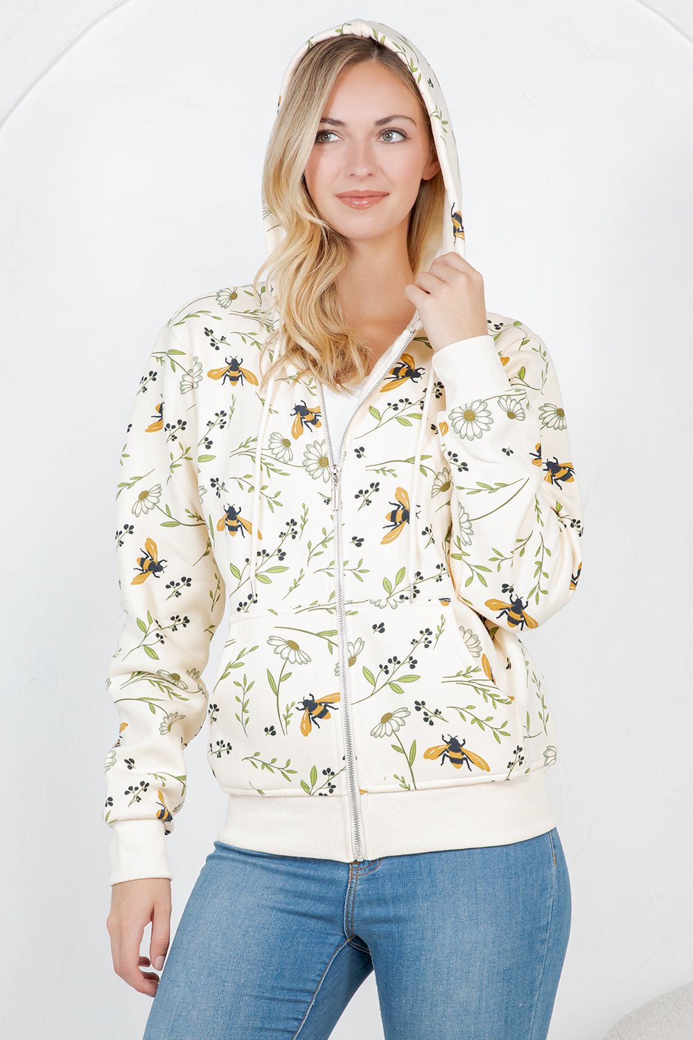 Bee With Floral Zipper Hoodie