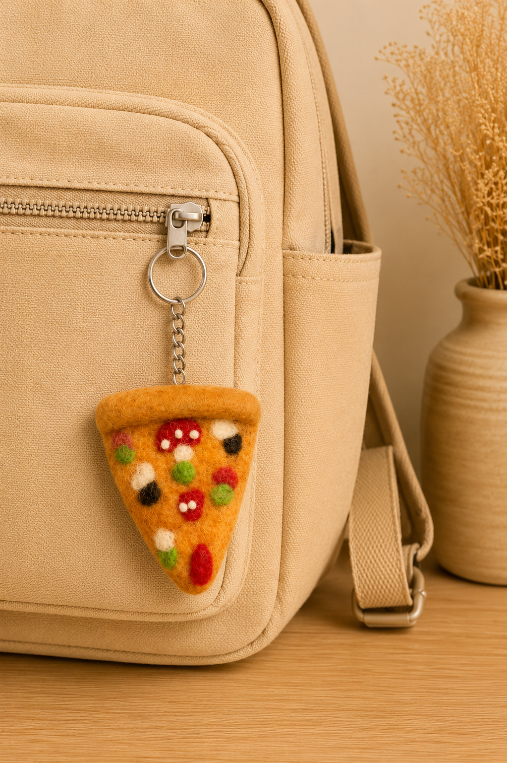 Nepalese Handmade Felt Keychain | Eco-Friendly Wool Accents - Slice Of Pizza