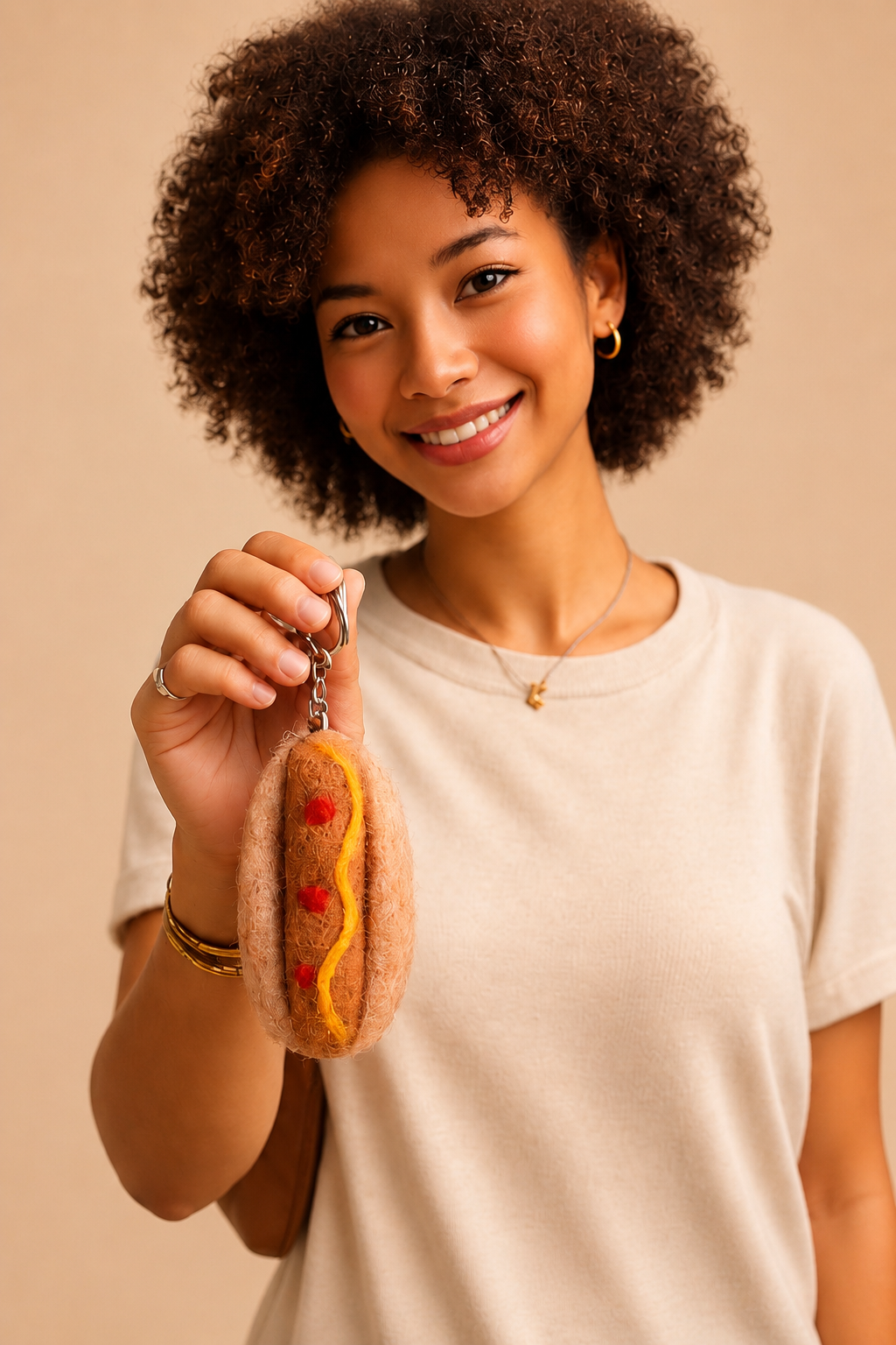Nepalese Handmade Felt Keychain | Eco-Friendly Wool Accents - Hot Dog