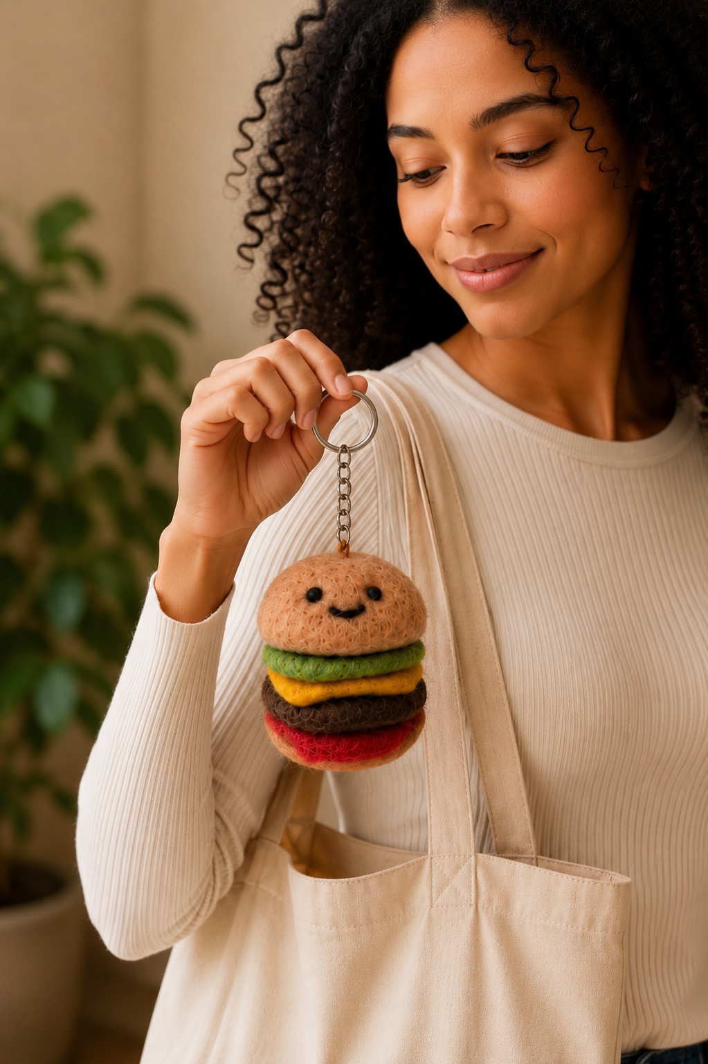 Nepalese Handmade Felt Keychain | Eco-Friendly Wool Accents - Burger