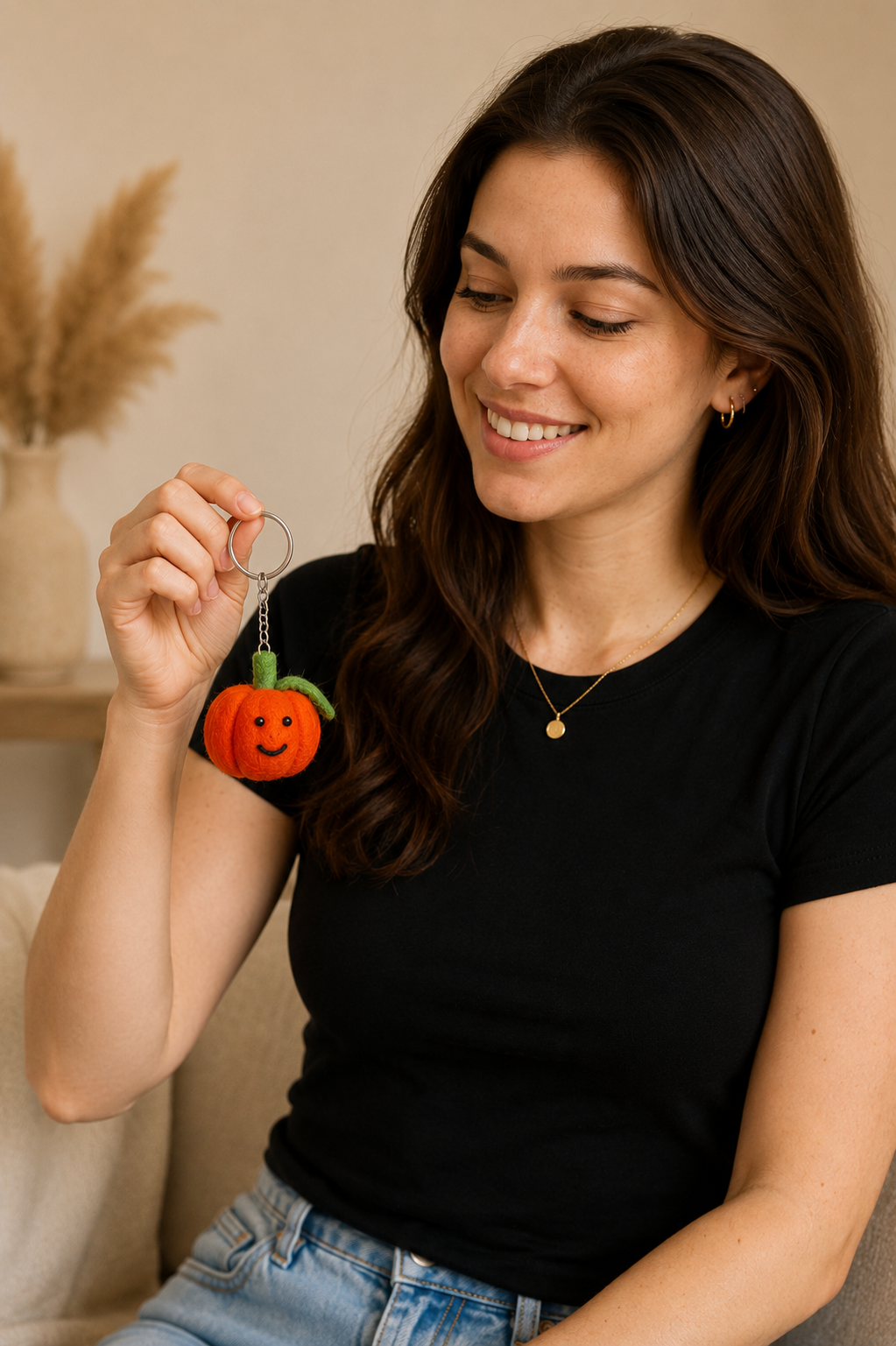 Nepalese Handmade Felt Keychain | Eco-Friendly Wool Accents - Pumpkin