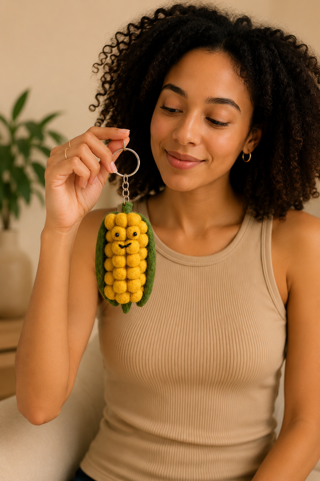 Nepalese Handmade Felt Keychain | Eco-Friendly Wool Accents - Corn